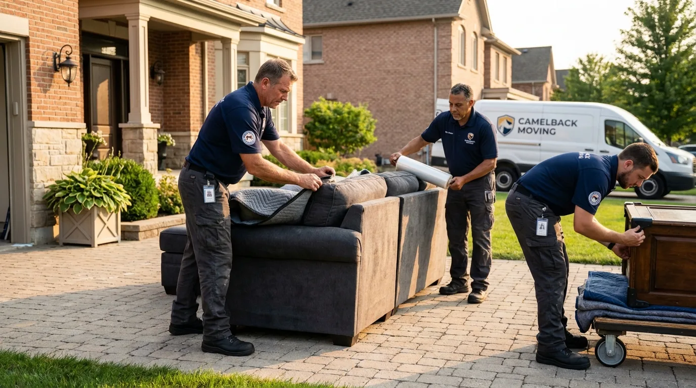 Large estate moving crew wrapping furniture in Oneonta, NY