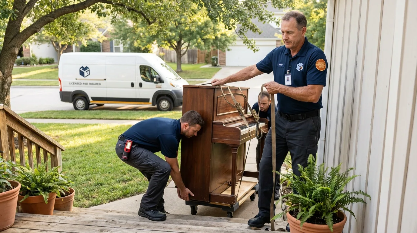 Licensed piano movers securing grand piano in Oneonta, NY