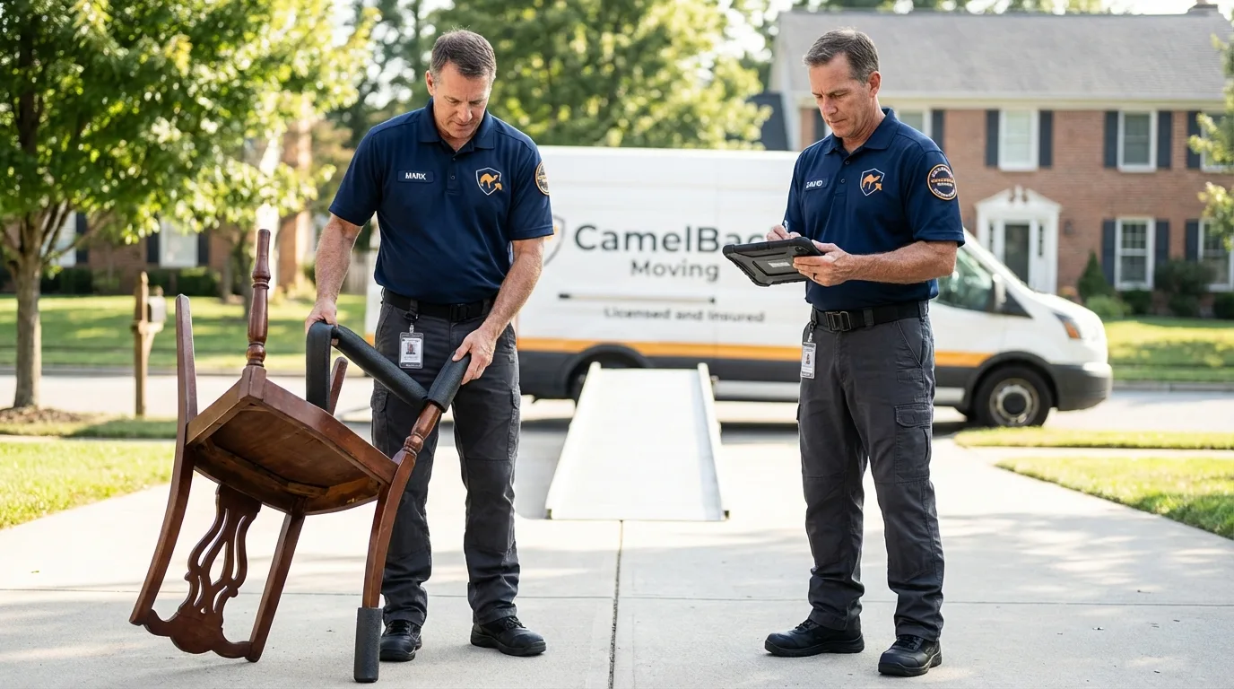 Movers inspecting furniture for damage prevention before loading in Oneonta, NY