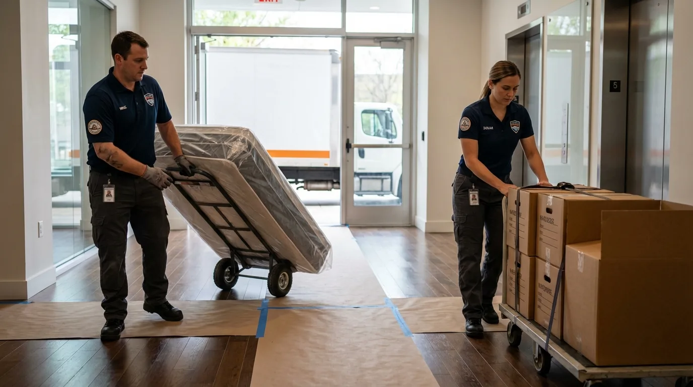 Professional apartment movers loading elevator in Oneonta, NY